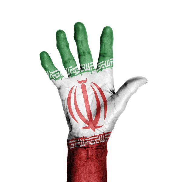 Main d'une vieille femme, enveloppée d'un motif du drapeau de l'Iran — Photo