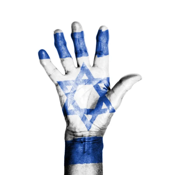 Hand of an old woman, wrapped with a pattern of the flag of Isra — Stock Photo, Image