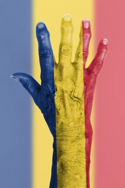 Old hand with flag, European Union, Romania — Stock Photo, Image