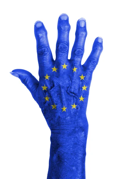 Old hand with flag, European Union, EU — Stock Photo, Image