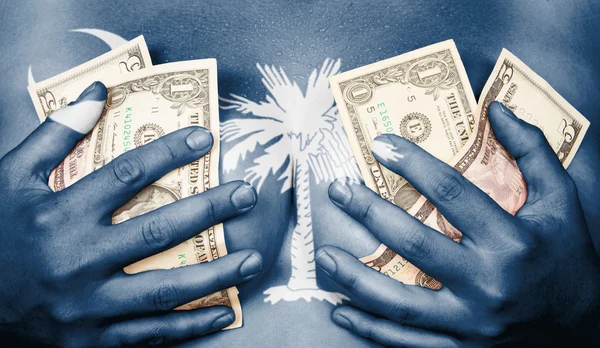 Sweaty girl covered her breast with money, flag of Carolina — Stock Photo, Image