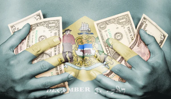 Sweaty girl covered her breast with money, flag of Delaware — Stock Photo, Image