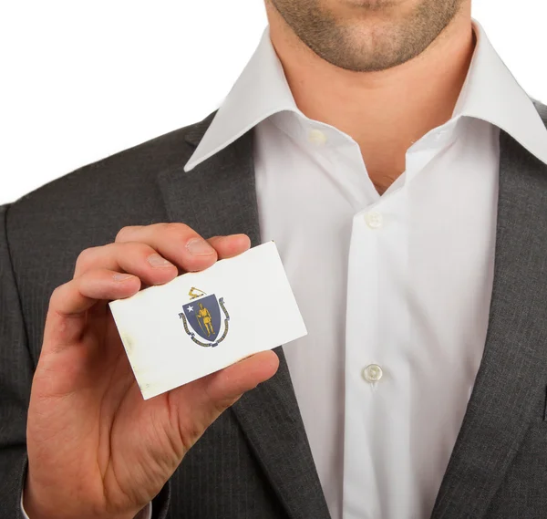 Businessman is holding a business card, Massachusetts — Stock Photo, Image