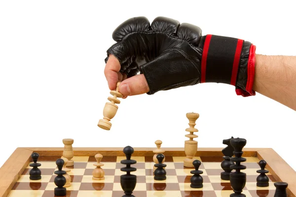 Playing chess in freefight gloves, isolated — Stock Photo, Image