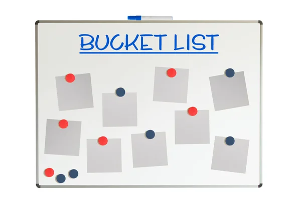 Bucket list with empty papers and magnets on a whiteboard — Stock Photo, Image