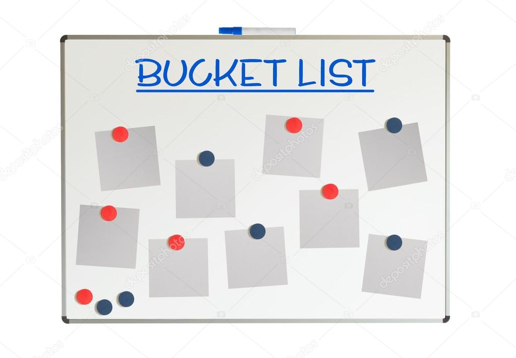 Bucket list with empty papers and magnets on a whiteboard