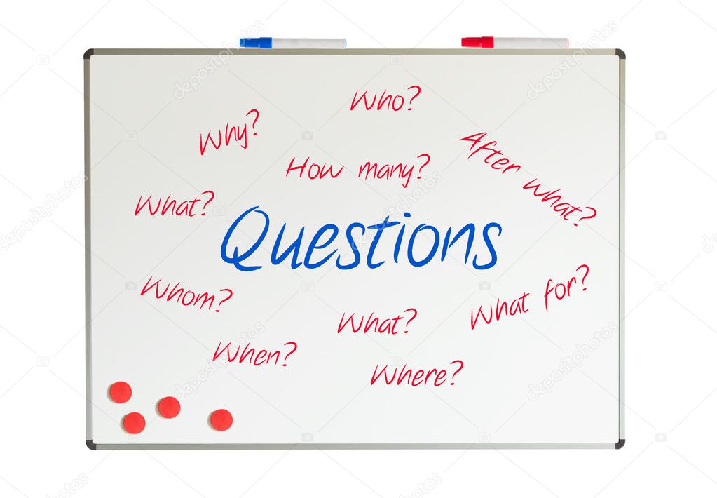 Questions on a whiteboard