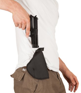 Close-up of a man with holster and a gun clipart
