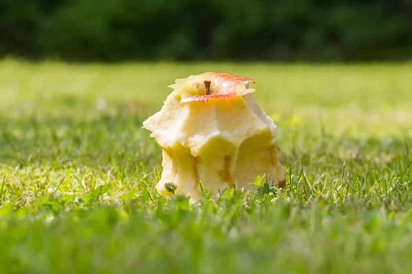 Gegeten appel opleggen op het gras — Stockfoto