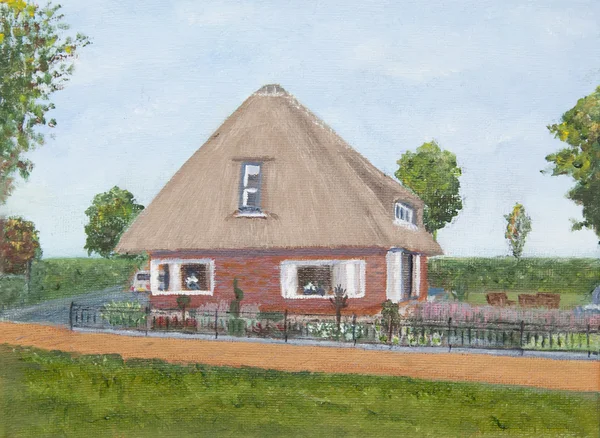 Painting of a house with a red road — Stock Photo, Image