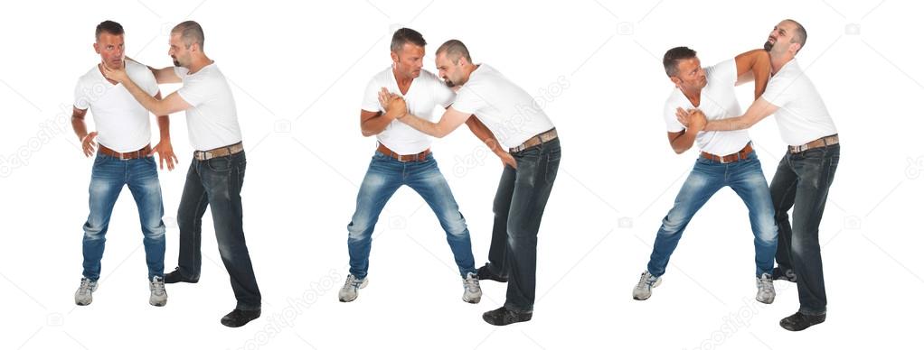 Man choking other man, series of selfdefense