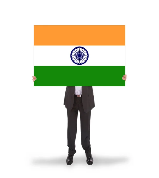 Biznesmen gospodarstwa duże karty, flaga Indii — Zdjęcie stockowe