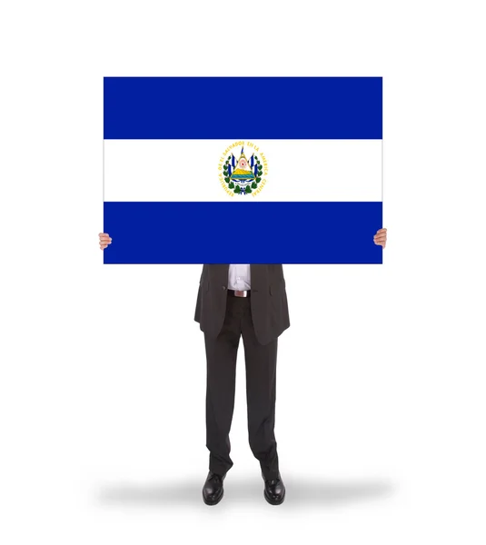 Empresario sosteniendo una gran tarjeta, bandera de El Salvador —  Fotos de Stock