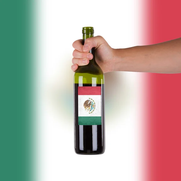 Hand holding een fles rode wijn — Stockfoto