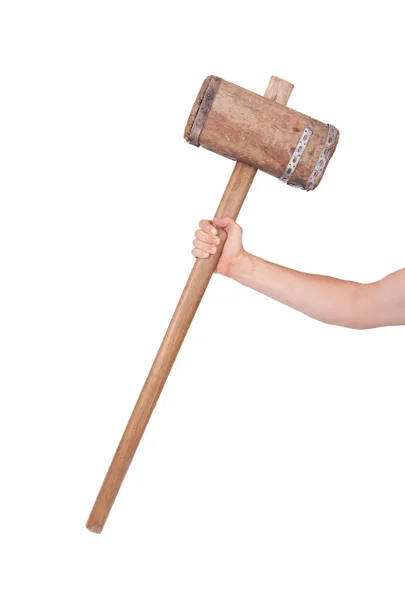 Man with very old wooden hammer isolated — Stock Photo, Image