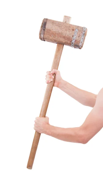 Man with very old wooden hammer isolated — Stock Photo, Image