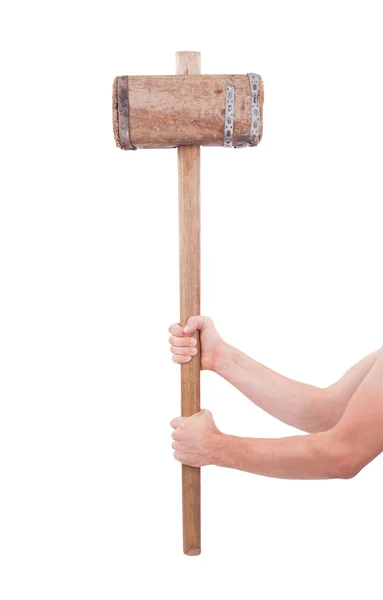 Man with very old wooden hammer isolated — Stock Photo, Image