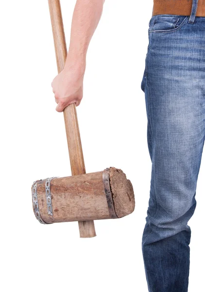 Man with very old wooden hammer isolated — Stock Photo, Image