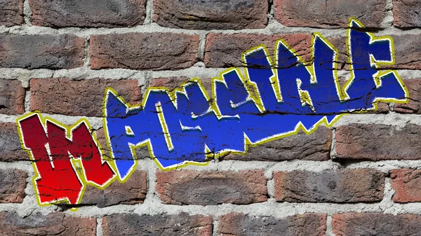 Graffity ile doku eski koyu kırmızı tuğla duvar — Stok fotoğraf