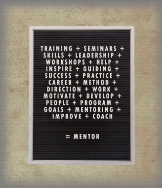 Mentor concept in plastic letters on very old menu board clipart