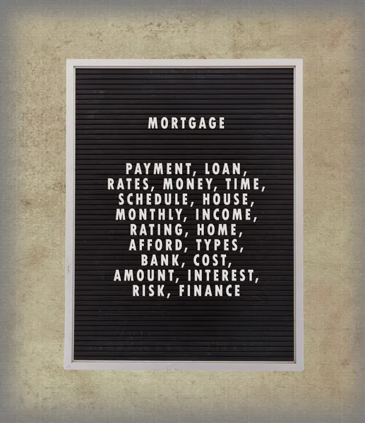 Concept de prêt hypothécaire en lettres plastiques sur panneau de menu très ancien — Photo