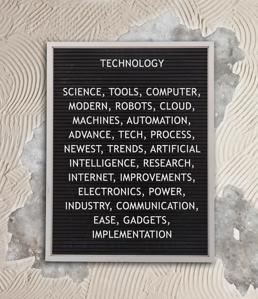 Technologie concept in kunststof brieven op zeer oude menu bord — Stockfoto