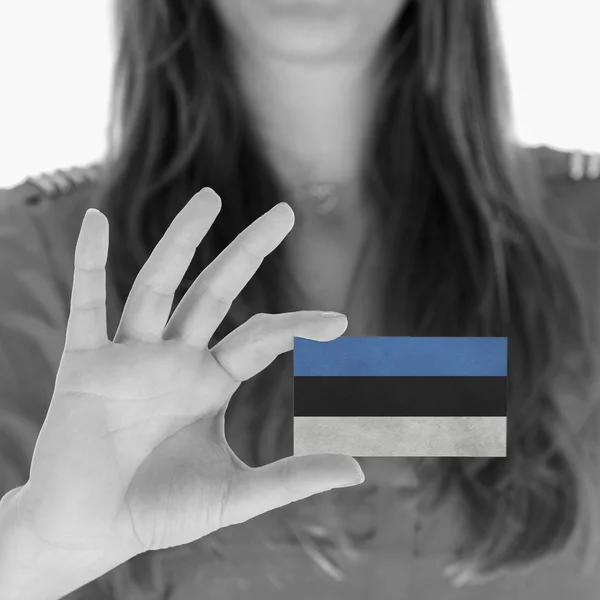 Woman showing a business card — Stock Photo, Image