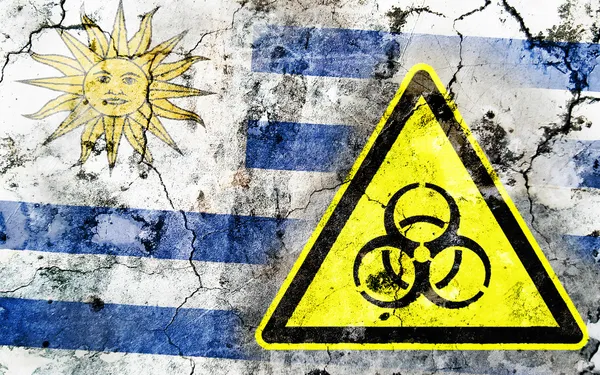 Old cracked wall with biohazard warning sign and painted flag — Stock Photo, Image