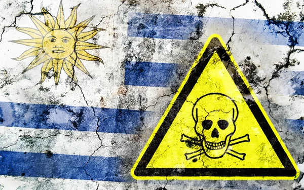 毒の警告サインと塗られた旗と古いひびの入った壁 — ストック写真