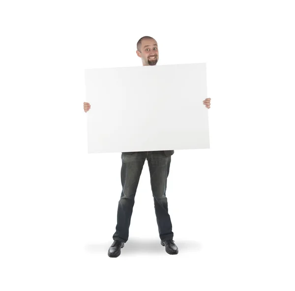 Empresário segurando um cartão grande — Fotografia de Stock