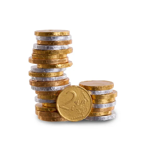 Euro waluty, czekoladowe monety na białym tle — Zdjęcie stockowe