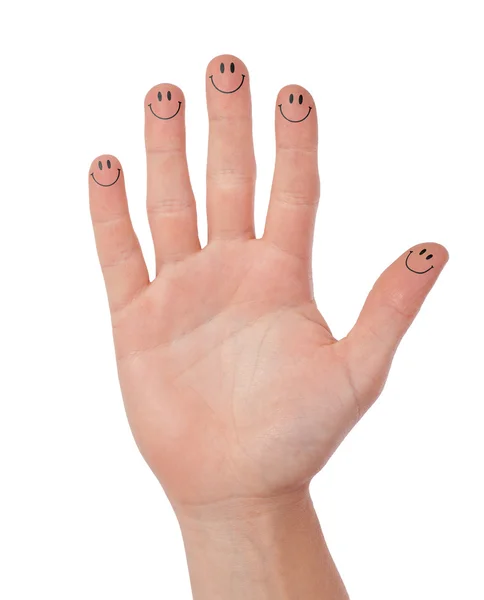 Mano con emoticonos aislados en blanco, concepto de comunicación — Foto de Stock