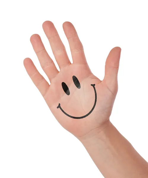 Mão com smiley isolado no branco, conceito de comunicação — Fotografia de Stock