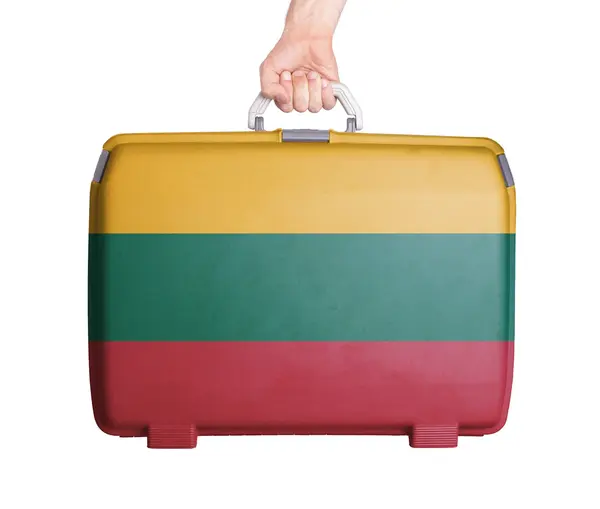 Används plast resväska med fläckar och repor — Stockfoto