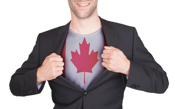 Hombre de negocios abriendo traje para revelar camisa con bandera —  Fotos de Stock