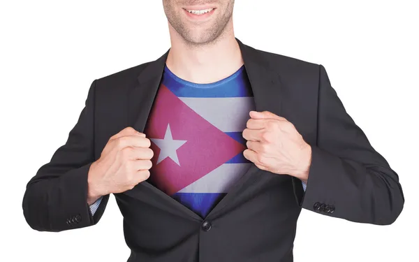 Biznesmen człowiek komplet otwarcia do ujawnienia koszulkę z flagą — Zdjęcie stockowe