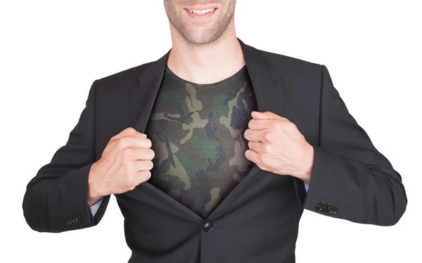 Empresário terno de abertura para revelar camisa — Fotografia de Stock
