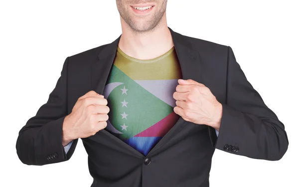 Geschäftsmann öffnet Anzug, um Hemd mit Fahne zu enthüllen — Stockfoto