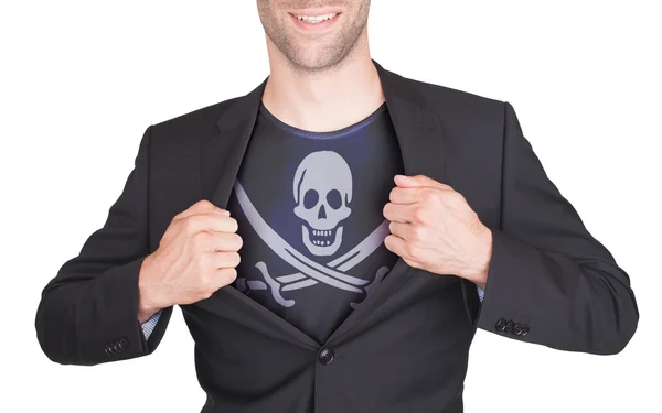 Businessman opening suit to reveal shirt with flag — Stock Photo, Image