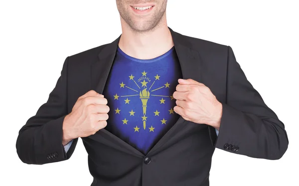 Businessman opening suit to reveal shirt with state flag — Stock Photo, Image