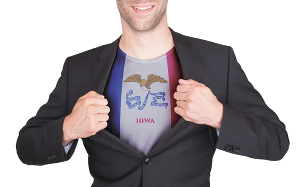 Businessman opening suit to reveal shirt with state flag — Stock Photo, Image