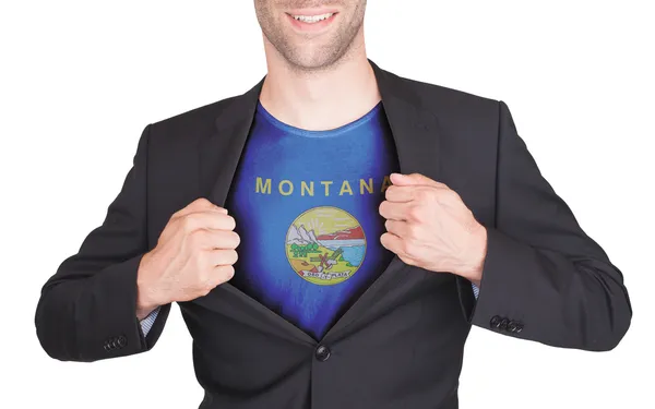 Businessman opening suit to reveal shirt with state flag — Stock Photo, Image