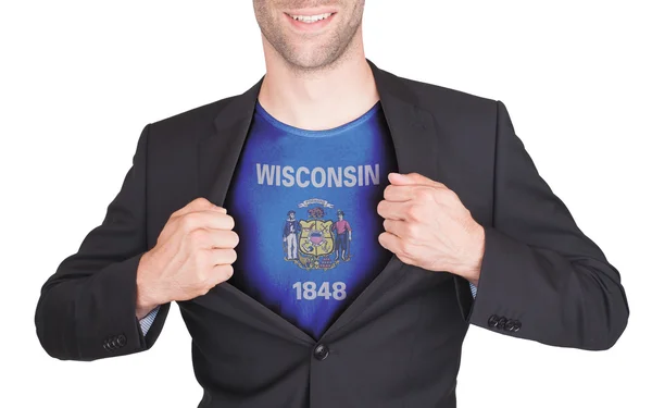 Businessman opening suit to reveal shirt with state flag — Stock Photo, Image
