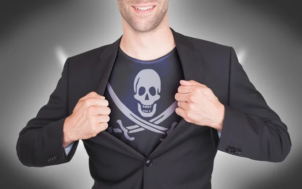 Businessman opening suit to reveal shirt with flag — Stock Photo, Image