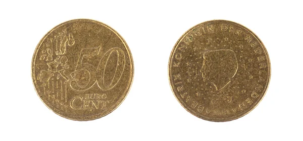 50 euro cent beyaz zemin üzerine — Stok fotoğraf