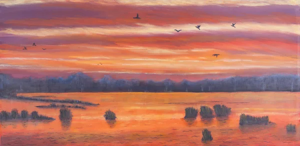 湿原に沈む夕日の絵 — ストック写真
