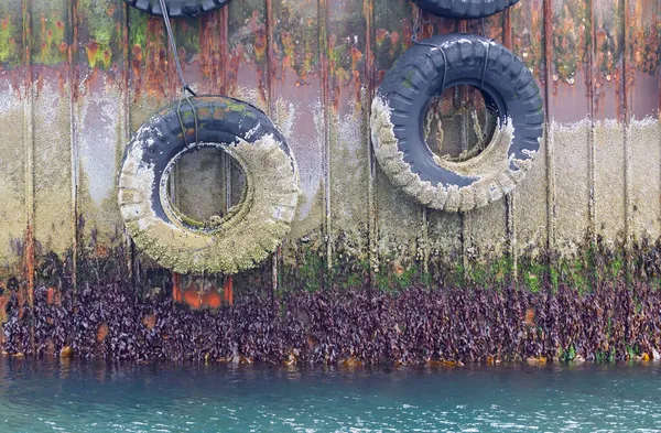 Muro Del Puerto Con Neumáticos Viejos Para Protección Islandia — Foto de Stock