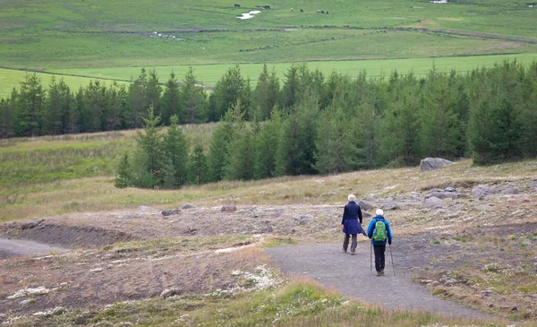 Older Hikers Path Iceland Selective Focus — Stock Photo, Image
