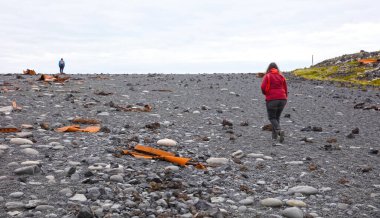 İzlanda Snaefellsnes 'deki kara sahilde paslı bir tekne enkazı arasında yürüyen bir kadın.