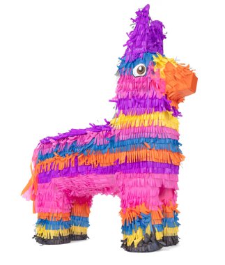 Beyaz arkaplanda izole edilmiş parlak renkli eşek pinyatası